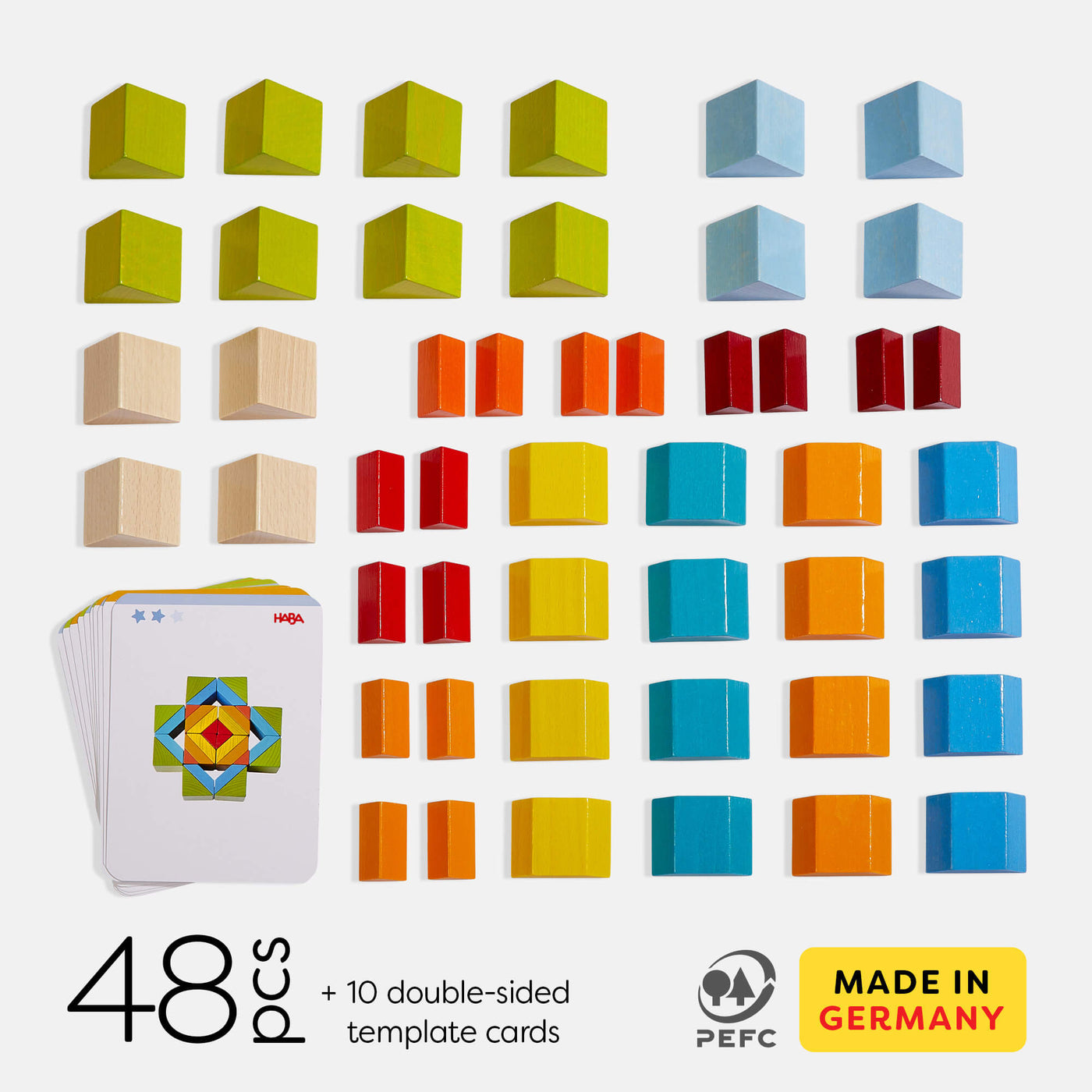 A colorful arrangement of blocks and cards, featuring 48 wooden pieces in various colors and 10 template cards. PEFC certified. Made in Germany.