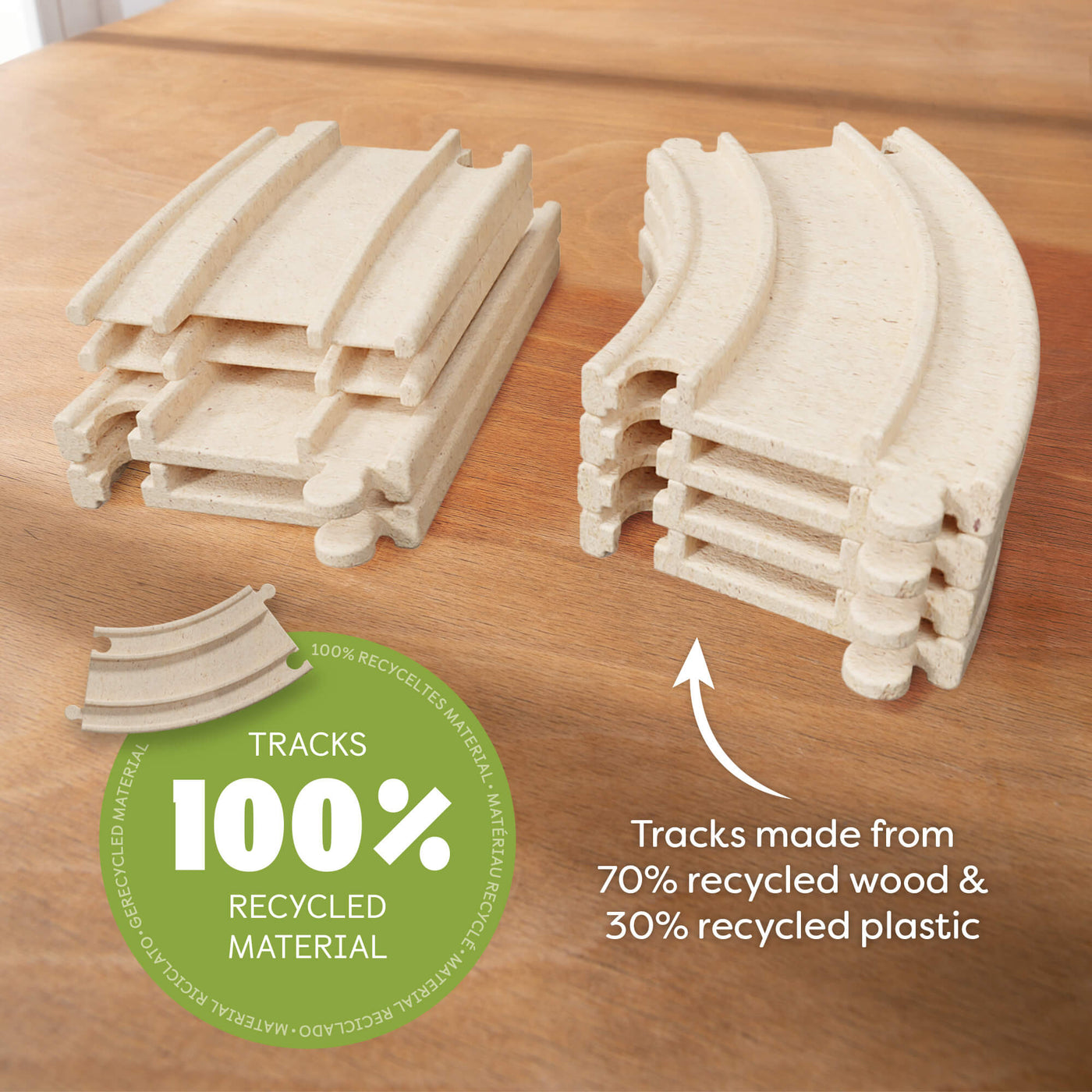 Stacks of toy train tracks on a wooden surface with a green informational label that says "Tracks 100% Recycled Material." Tracks made from 70% recycled wood & 30% recycled plastic.