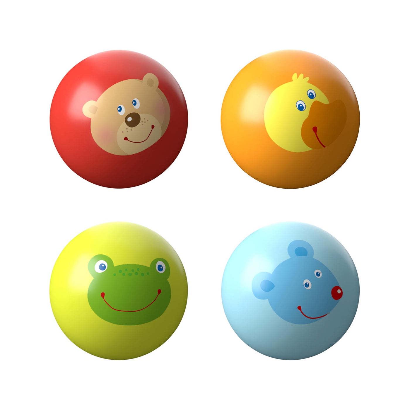 Four colorful balls with animal faces: a red ball with a bear, an orange ball with a duck, a lime green ball with a frog, and a light blue ball with a bear.