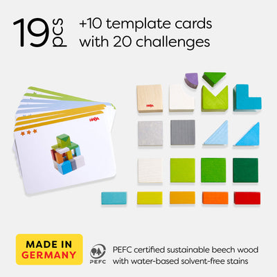 Chromatix 3D Arranging Game includes a set of 10 template cards with 20 challenges and 19 colorful wooden blocks with geometric shapes. MADE IN GERMANY PEFC certified sustainable beech wood with water-based solvent-free stains