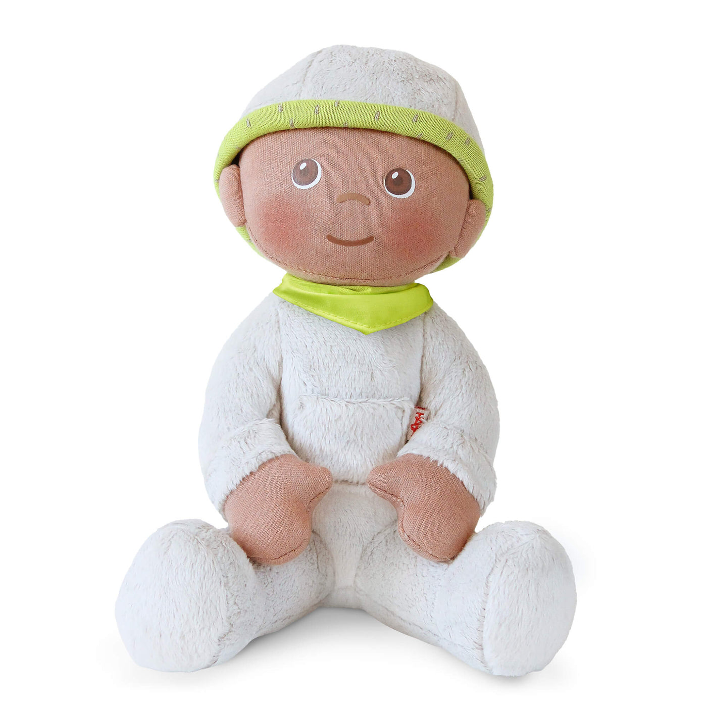 HABA Snug Up Doll Ollie with grey fleece body, green bandana, printed face, and grey fleece cap with green band