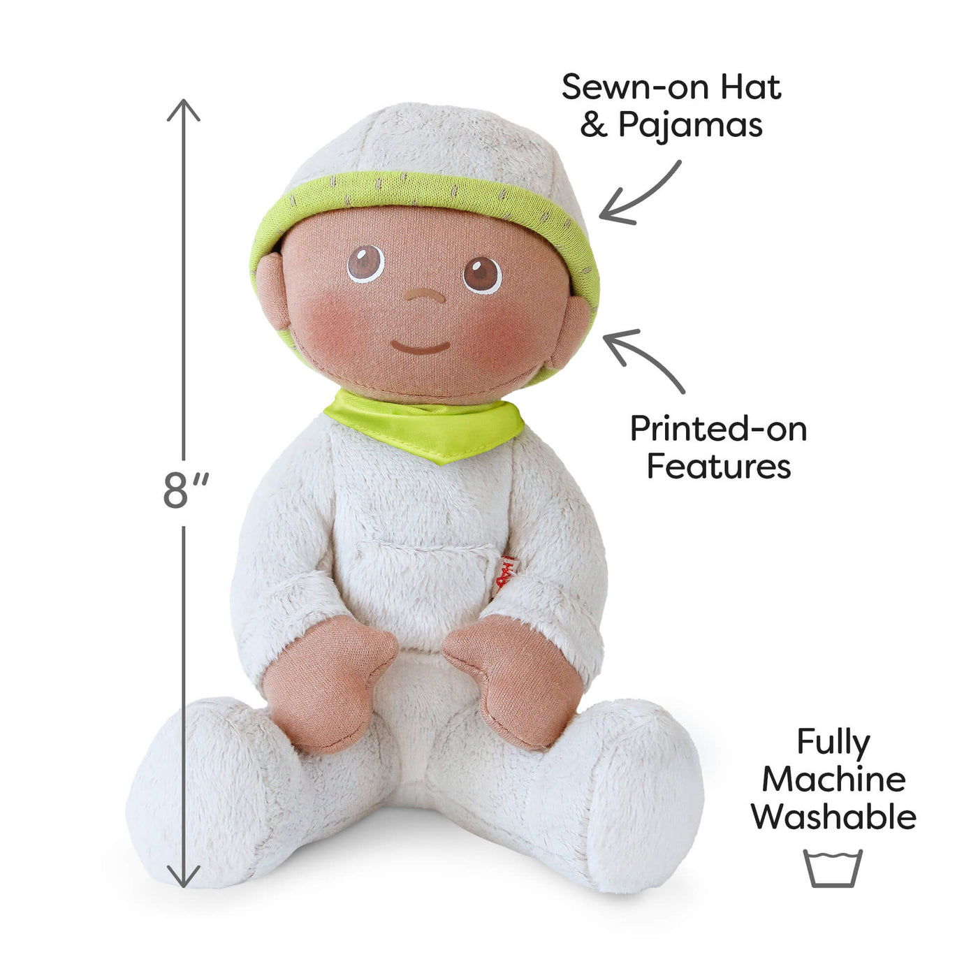 HABA Snug Up Doll Ollie is 8" tall, has sewn-on hat and pajamas, printed on features, and is fully machine washable