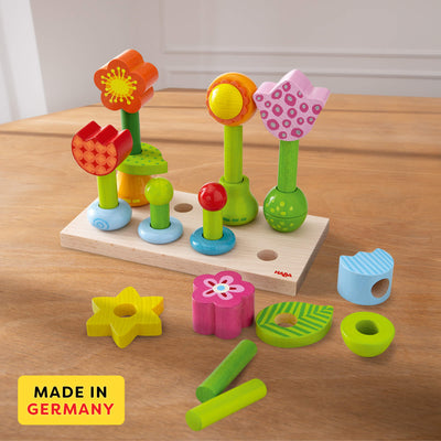 Made in Germany Flower Garden Wooden Sorting and Stacking Game on a wood table