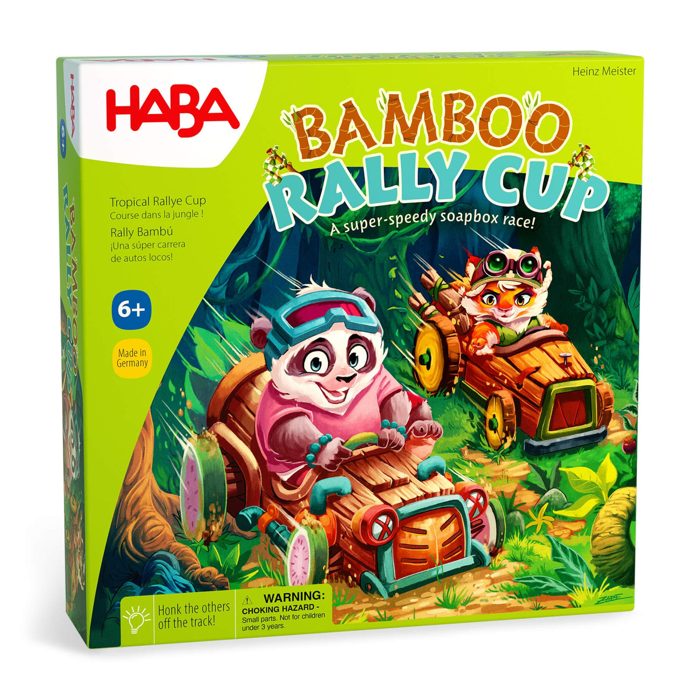 Bamboo Rally Cup - A super speed soapbox race! Game box cover with a panda and tiger speeding through the jungle in soapboxes