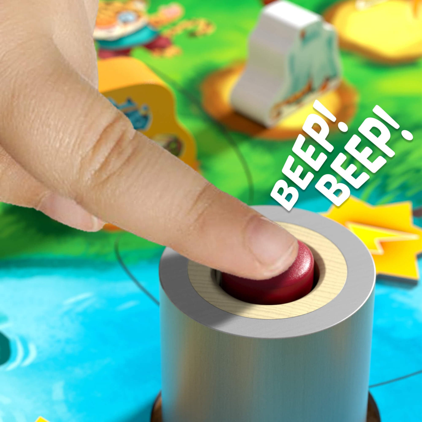 A closeup of a finger pressing the wooden buzzer - beep! beep!