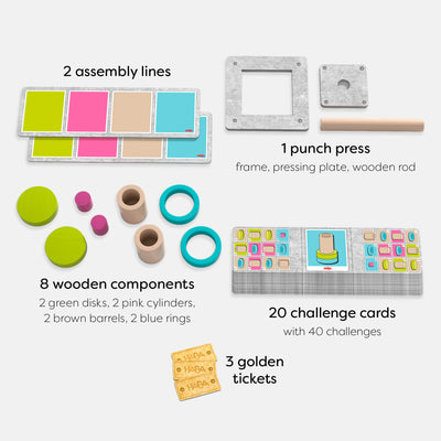 Components of Fast Factory board game set with 2 assembly lines, 8 wooden pieces, 1 punch press, 3 golden tickets, and 20 challenge cards.