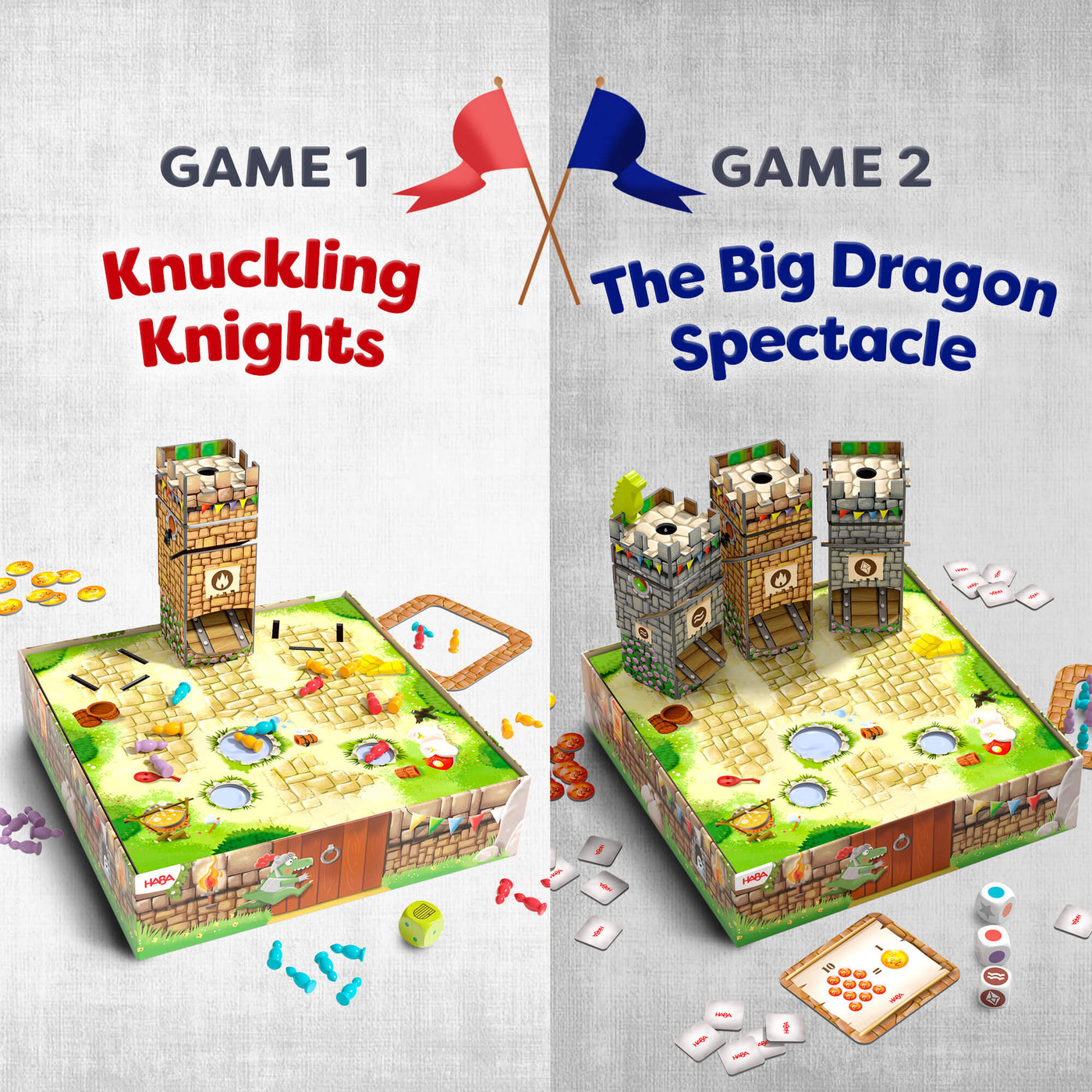 Two board game setups: one with a single tower titled "Knuckling Knights" and the other with multiple towers titled "The Big Dragon Spectacle."