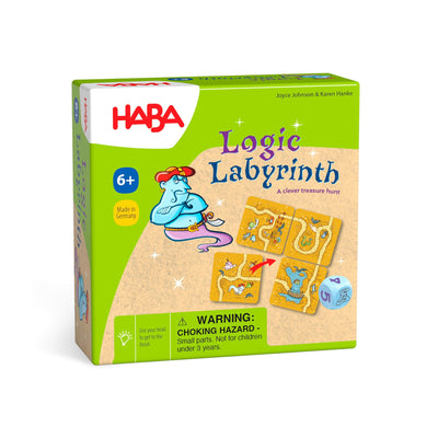 HABA Logic Labyrinth A clever treasure hunt game box cover with an illustrated blue genie, 4 tile cards and a blue die with numbers