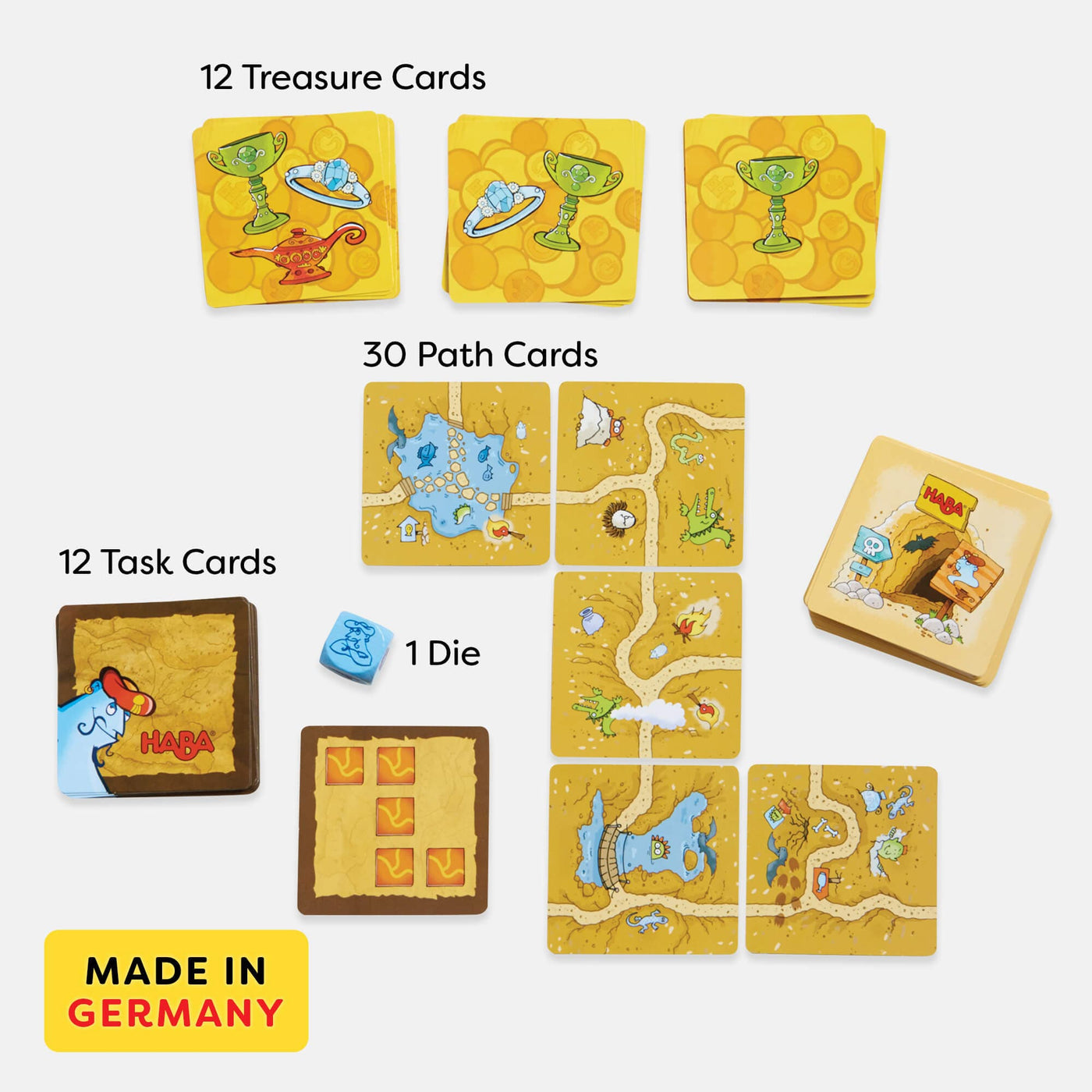 HABA Logic Labyrinth Mini Game includes 12 Treasure Cards, 30 Path Cards, 12 Task Cards, 1 Die. Made in Germany