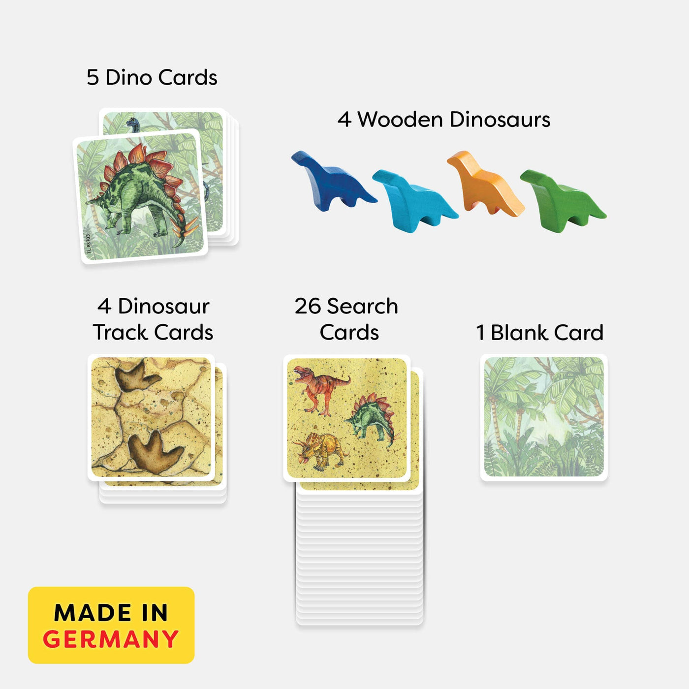 Game includes 5 dino cards, 4 dinosaur track cards, 26 search cards, 1 blank card, 4 wooden dinosaurs (1 blue, 1 light blue, 1 orange, 1 green) Made in Germany