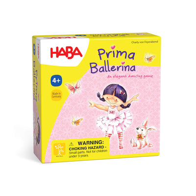 Prima Ballerina - an elegant dancing game box cover witgh an illustrated ballerina in a pink tutu with black braids and a pink bunny rabbit