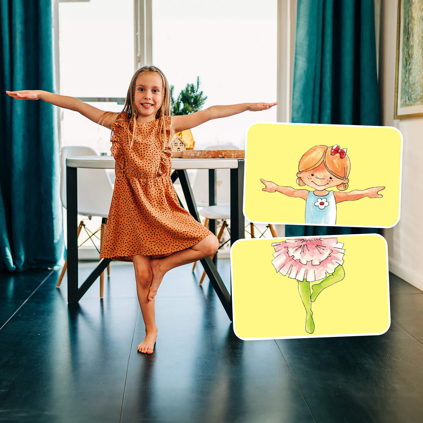 Girl standing on one foot with her arms stretched  out with an overlay of 2 cards showing the same dance position