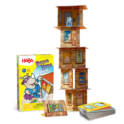 Rhino Hero Stacking Cards Game box with card tower stacked in front