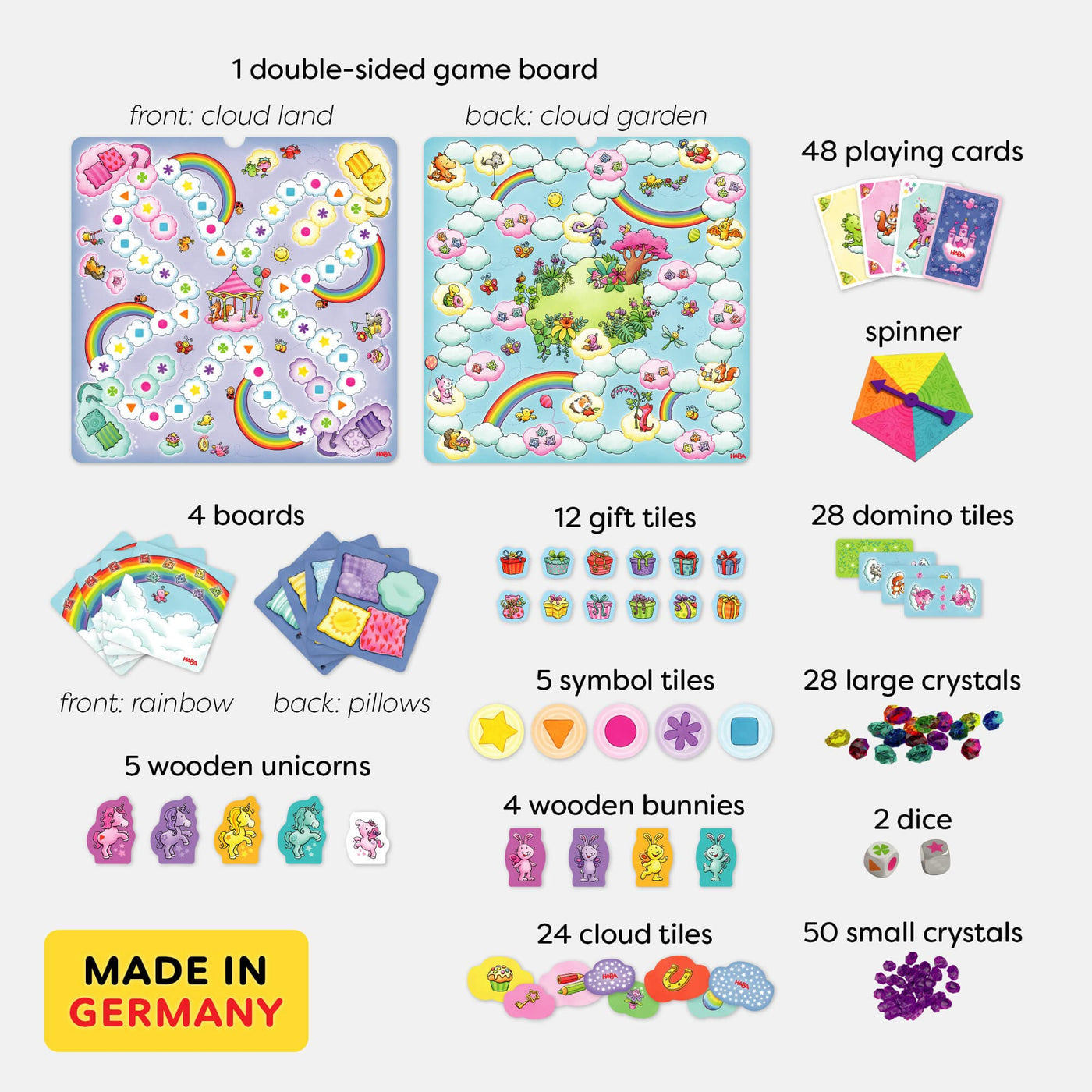 HABA Unicorn Glitterluck Game Collection includes 1 double-sided game board (front: cloud land, back: cloud garden), 48 playing cards, a spinner, 4 boards, 12 gift tiles, 28 domino tiles, 5 symbol tiles, 28 large crystals, 5 wooden unicorns, 4 wooden bunnies, 2 dice, 24 cloud tiles, and 50 small crystals. Made in Germany.