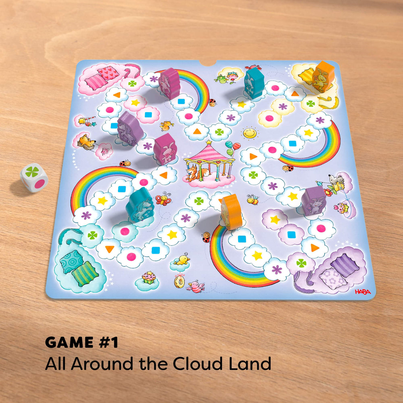 Game #1 All Around the Cloud Land game board on wooden table