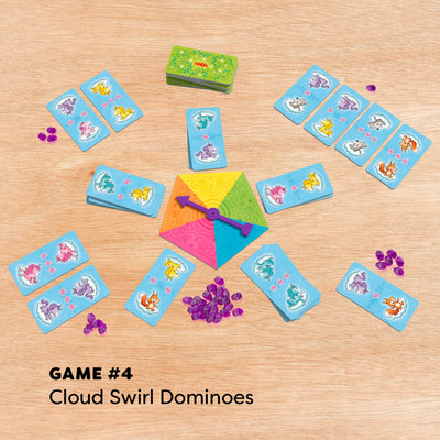 Game 4 Cloud Swirl Dominoes with rainbow spinner and purple gems