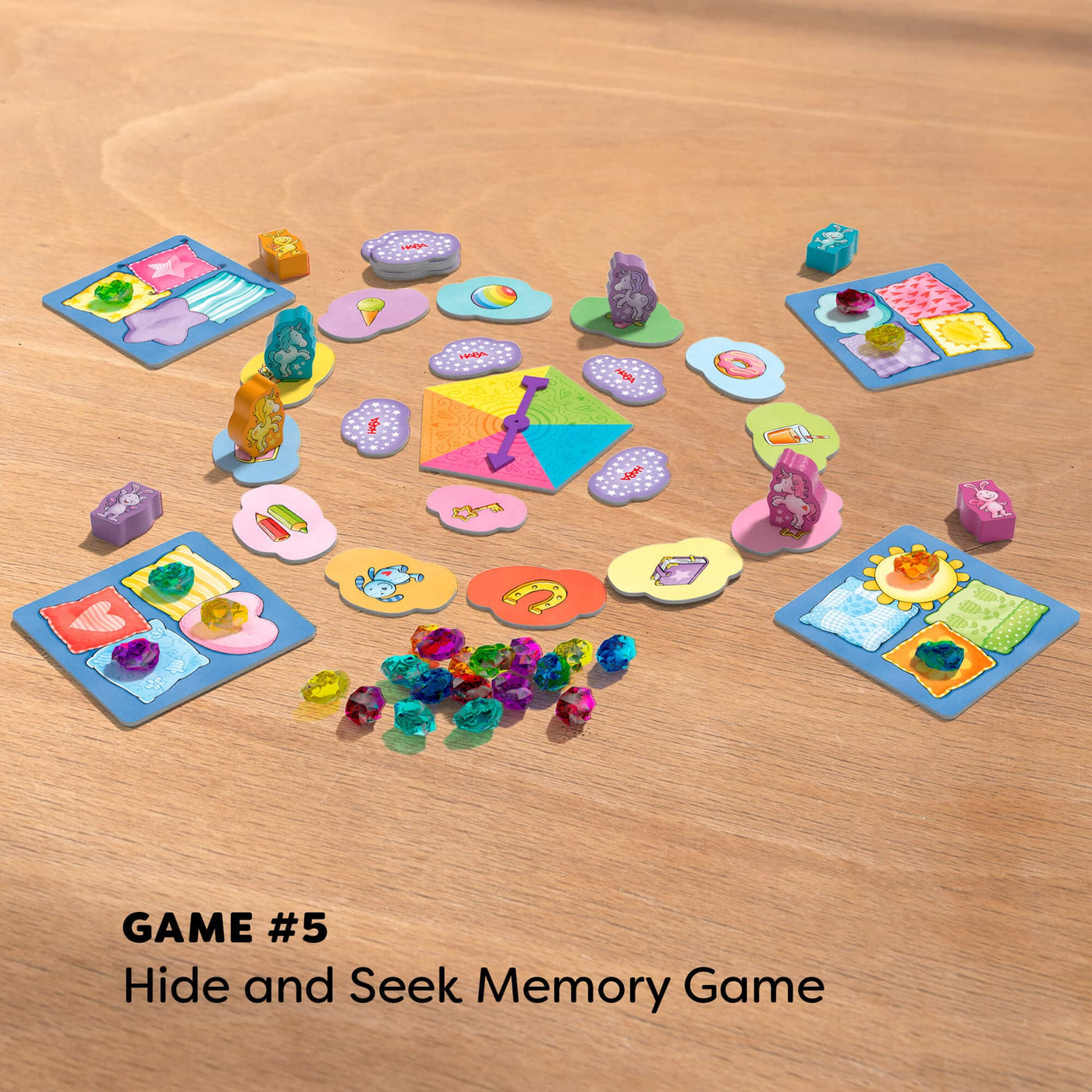 Game 5 Hide and Seek Memory Game with multicolored gems, rainbow spinner, wooden game pieces