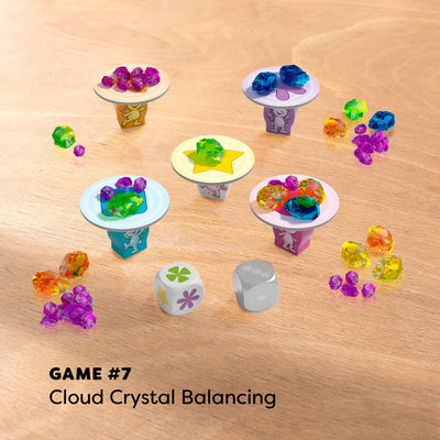 Game 7 Cloud Crystal Balancing with 2 dice, multicolored gems, wooden game pieces