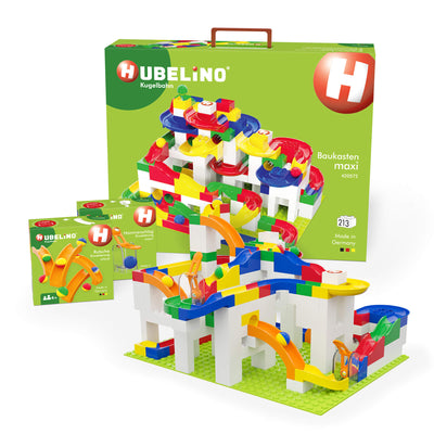 Hubelino Value Set packages with a marble run build set up in front