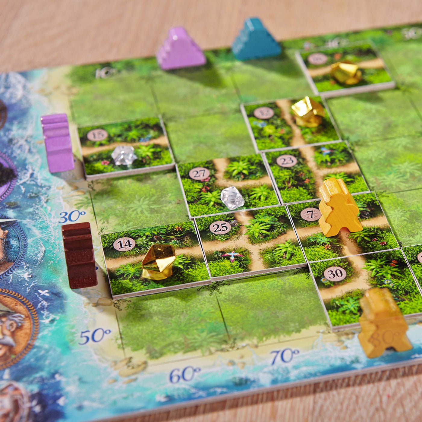 Karuba colorful board game layout featuring various colored player pieces and resource tokens on a lush green grid.