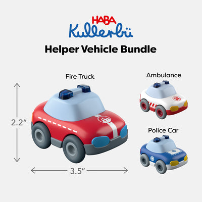 HABA Kullerbu Helper Vehicle Bundle includes a red fire truck, white ambulance, and blue police car that measure 2.2" tall by 3.5" long