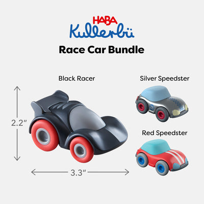 HABA Kullerbu Race Car Bundle includes black racer, silver speedster, and red speedster that measure 2.2" tall by 3.3" long