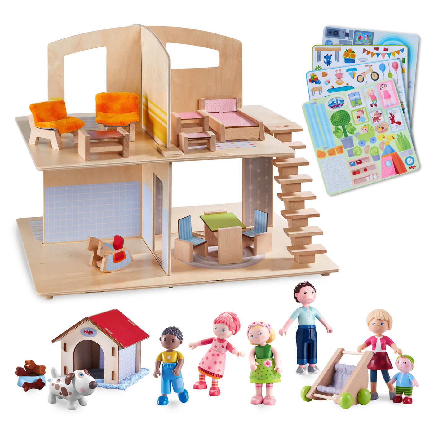 A two-story wooden dollhouse with accessories, including furniture, stickers, human figurines, a toy doghouse, and a stroller.