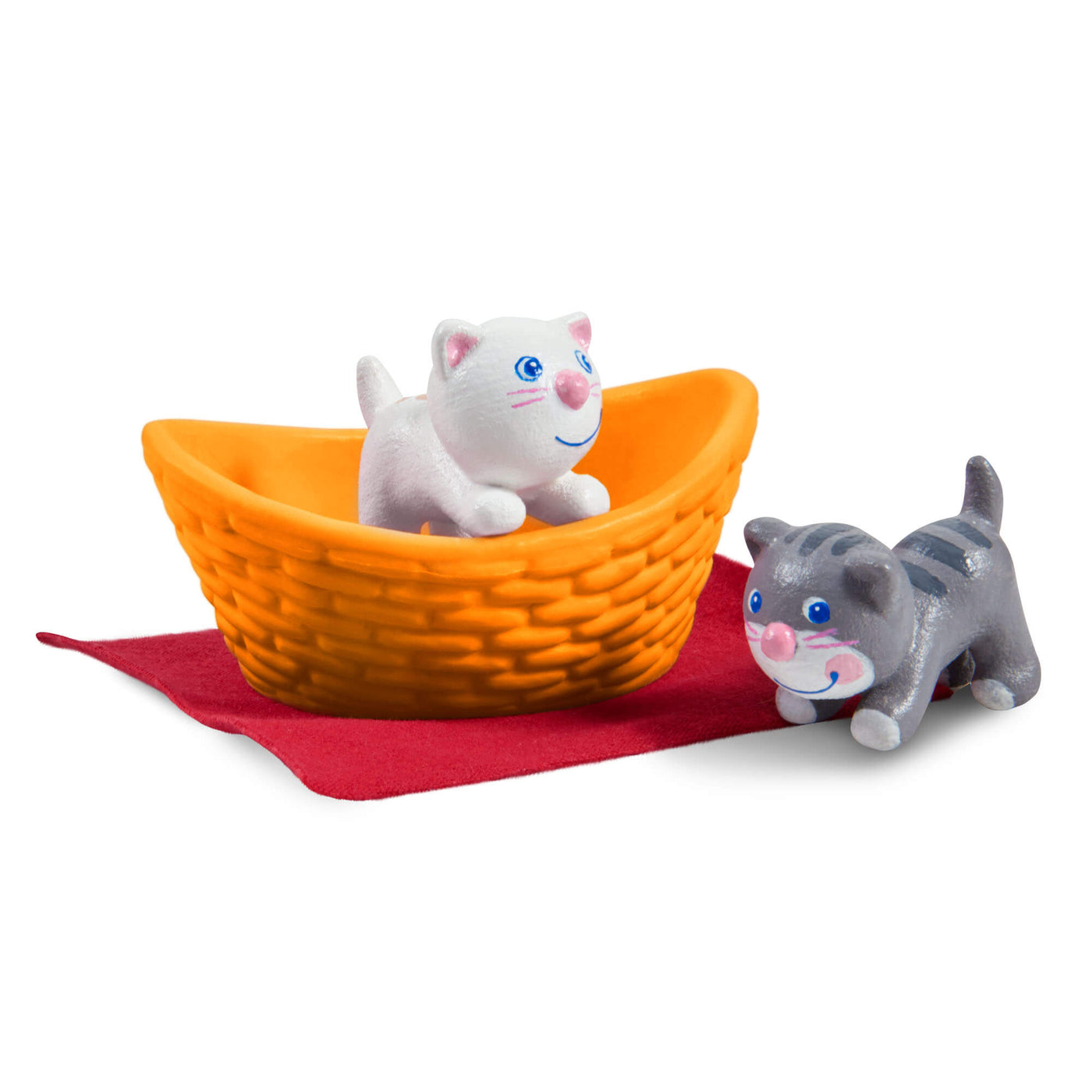 HABA Little Friends Kittens Play Set with white kitten and grey striped kitten, orange basket, and red blanket