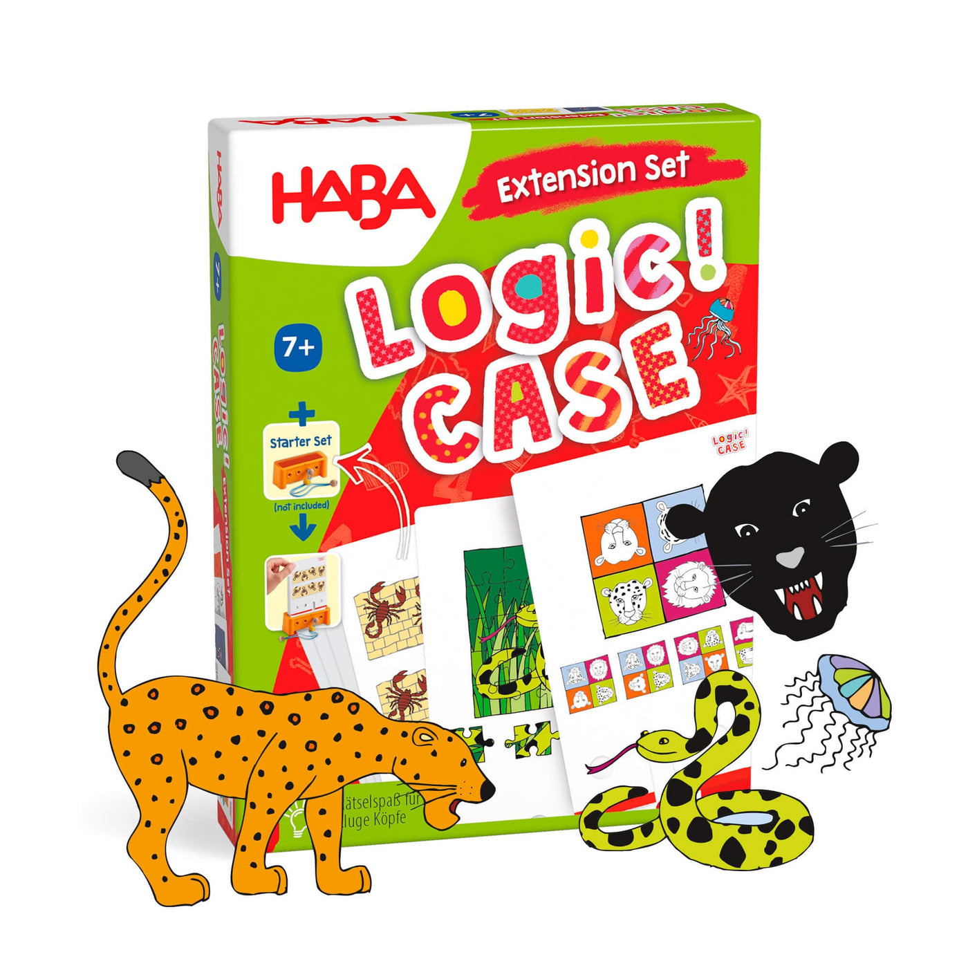 HABA Logic! CASE Expansion Set - Dangerous Animals box - 7+ - Starter Set not included with illustrated cheetah, panther, snake, and jellyfish