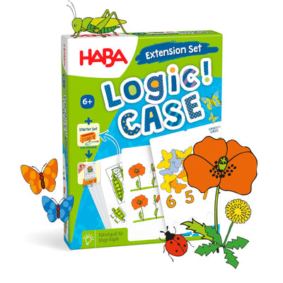 HABA Logic! CASE Expansion Set - Nature - with illustrated poppy flower, butterflies, grasshopper, and ladybug