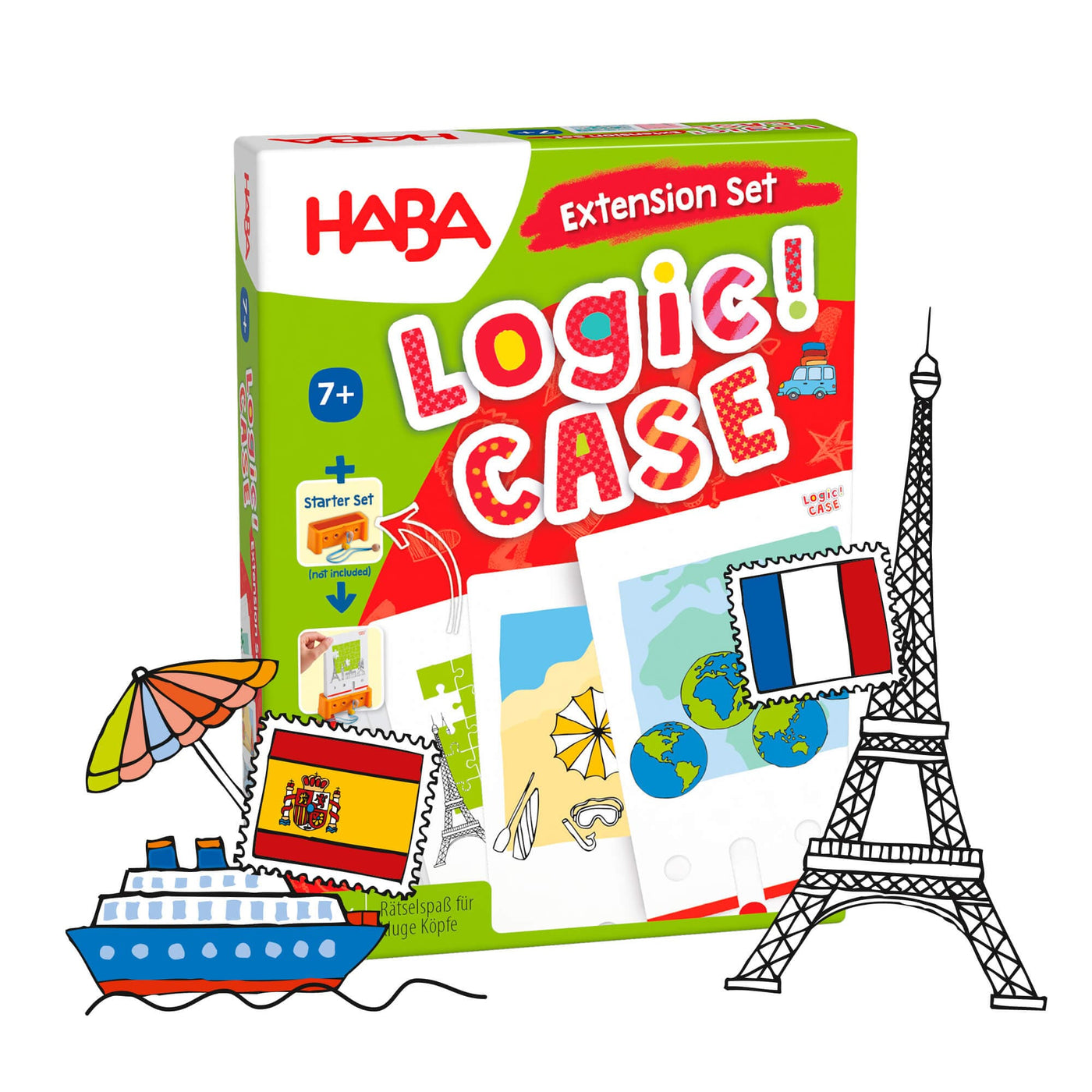 Logic! CASE Expansion Set - Vacation & Travel game box with illustrated boat, stamps, and Eiffel Tower