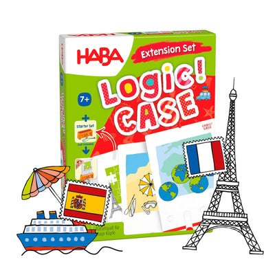 Logic! CASE Expansion Set - Vacation & Travel game box with illustrated boat, stamps, and Eiffel Tower