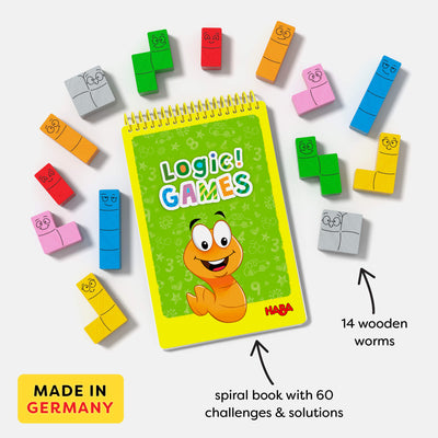 Logic Games spiral book with 60 challenges and solutions and 14 wooden worms