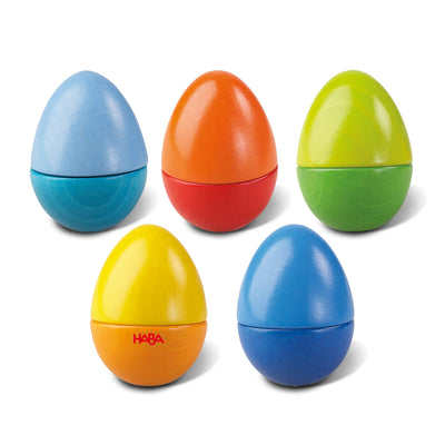 Set of 5 Wooden Musical Eggs in two tone colors - light blue, red, green, yellow, and medium blue
