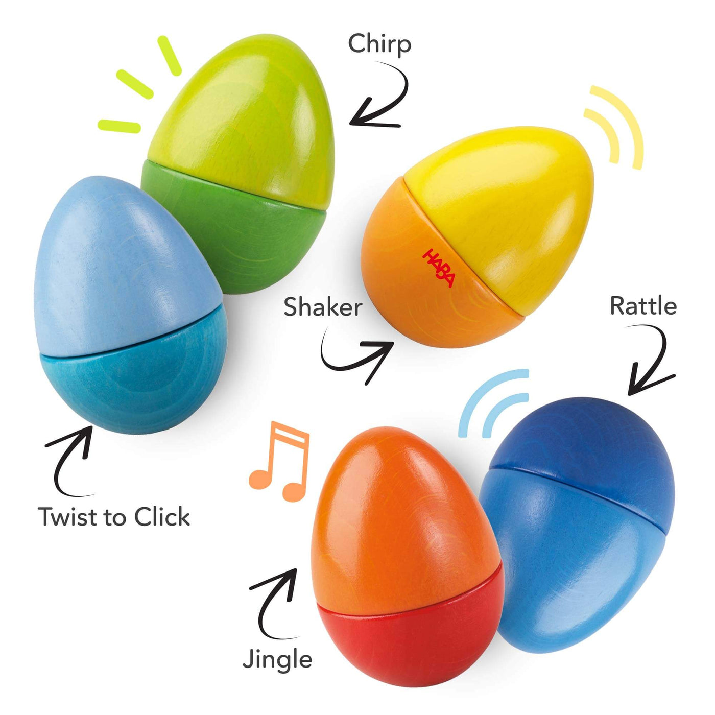 Green chirps, light blue is twist to click, red jingles, medium blue rattles, and yellow is a shaker