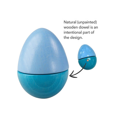 Light blue wooden Musical Egg - the natural wooden dowel is an intentional part of the design