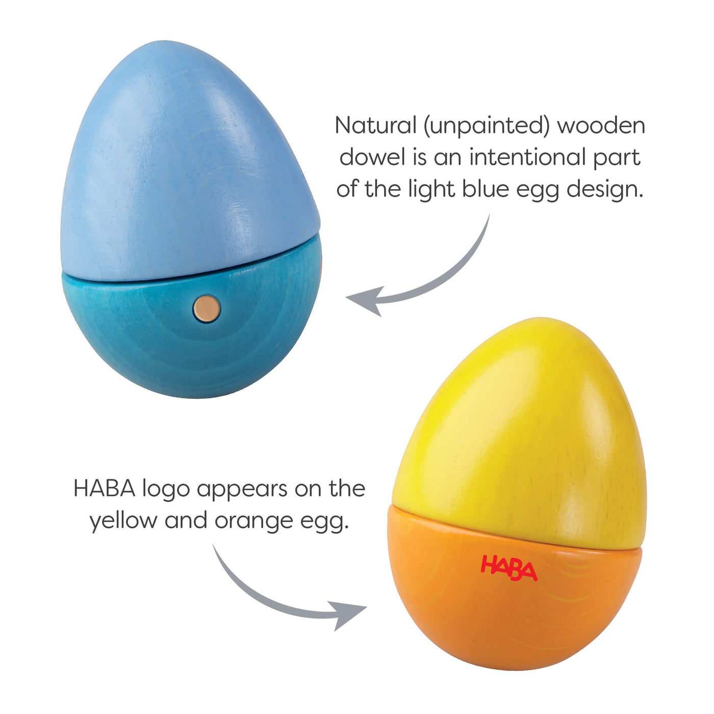 The natural wooden dowel is an intentional part of the light blue egg design. The HABA logo appears on the yellow and orange egg.