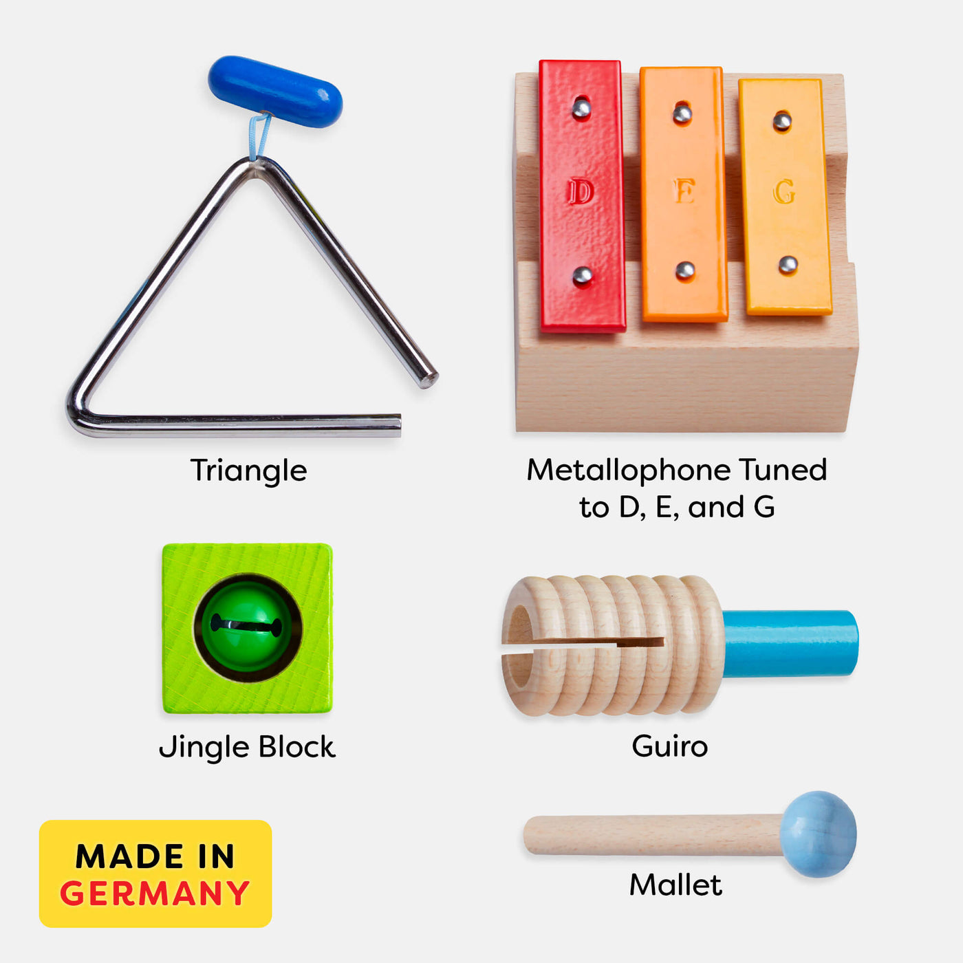 Musical Sounds Musical Joy includes metal triangle with blue handle and wooden mallet, green jingle wooden block with bell, Metallophone tuned to D, E, and G, and wooden guiro and mallet - made in Germany