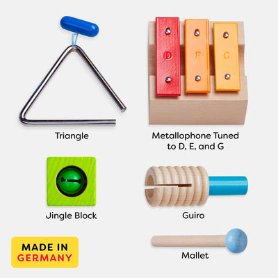 Musical Sounds Musical Joy includes metal triangle with blue handle and wooden mallet, green jingle wooden block with bell, Metallophone tuned to D, E, and G, and wooden guiro and mallet - made in Germany