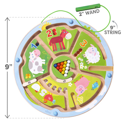 Number Maze Magnetic Game is 9 inches in diameter, has a 2 inch wand attached by a 9 inch string