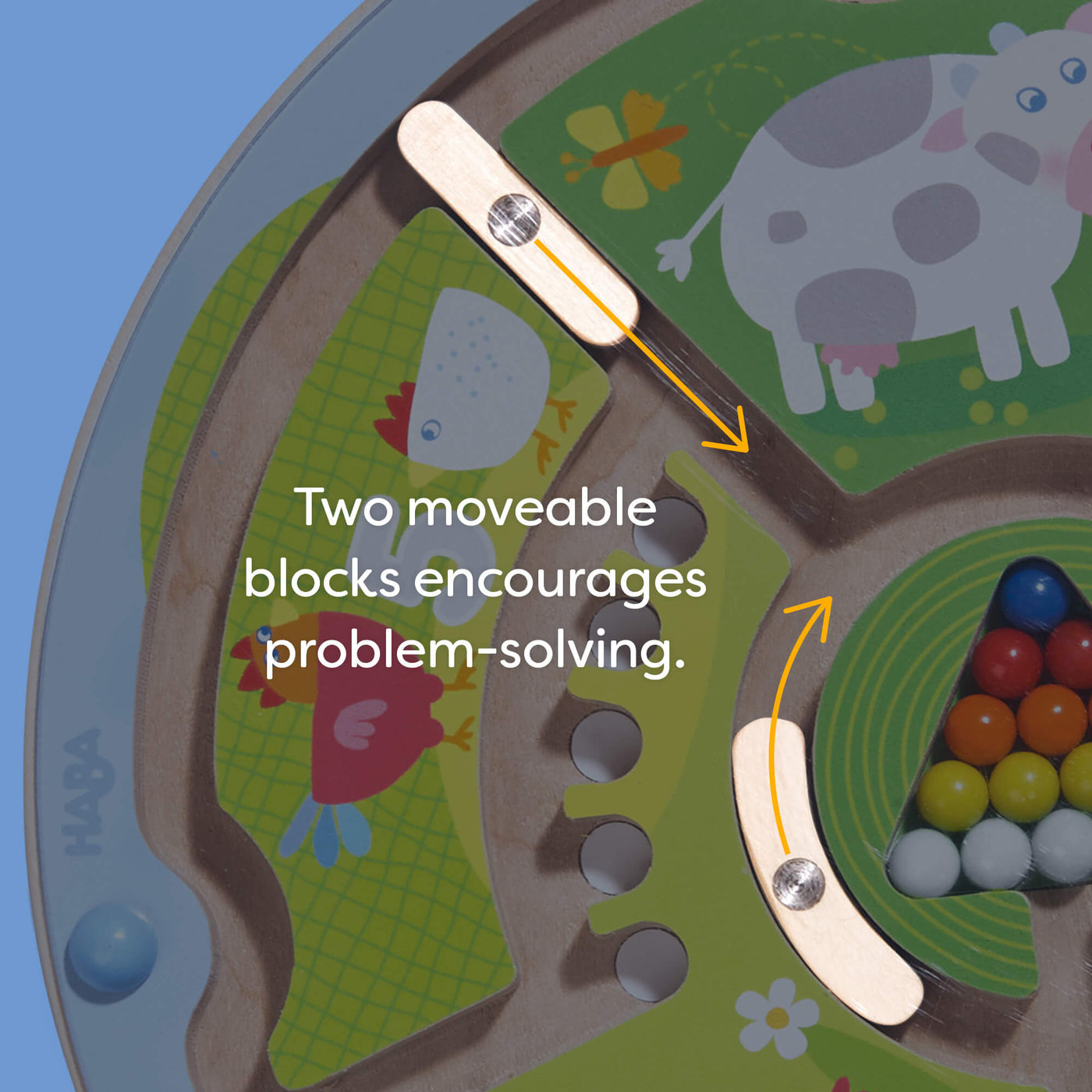 Two moveable blocks encourages problem-solving.