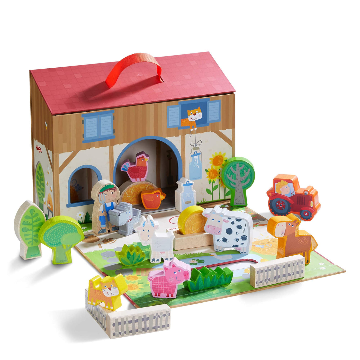 HABA Play World on the Farm with carrying case that opens into a play structure of a farm scene with 23 wooden farm pieces including 5 trees, 3 fences, 1 water jug, 1 chicken, 1 rooster, 1 farmer with pitchfork, 2 bales of hay, 1 dog, 1 cat, 1 pig, 1 goat, 1 cow, 1 donkey, 1 pig, and 1 tractor