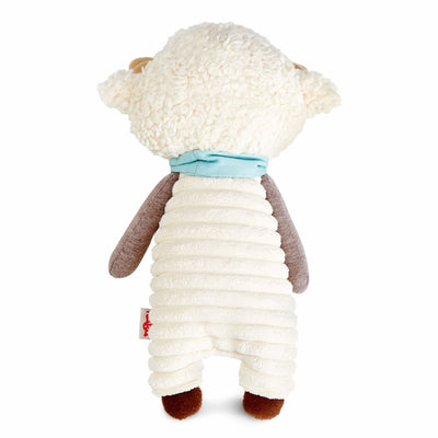 Back of Woolbert the Ram plush with a white fluffy body and a blue scarf.