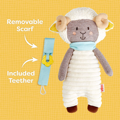 Woolbert the Ram has a removable scarf and included flower shaped teether