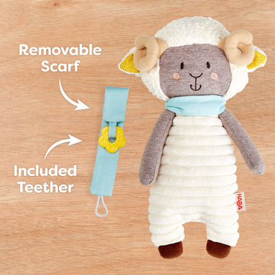 Woolbert the Ram has a removable blue scarf with an included yellow teether ring.