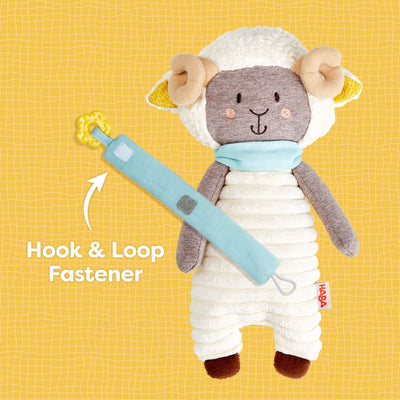 Woolbert the Ram's scarf has a hook and loop fastener