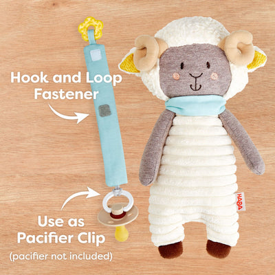 Woolbert the Ram's scarf has a hook and loop fastener and can be used as a pacifier clip (pacifier not included)